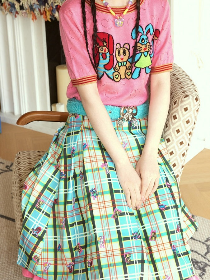 Fancy Check Pleated Skirt X2709