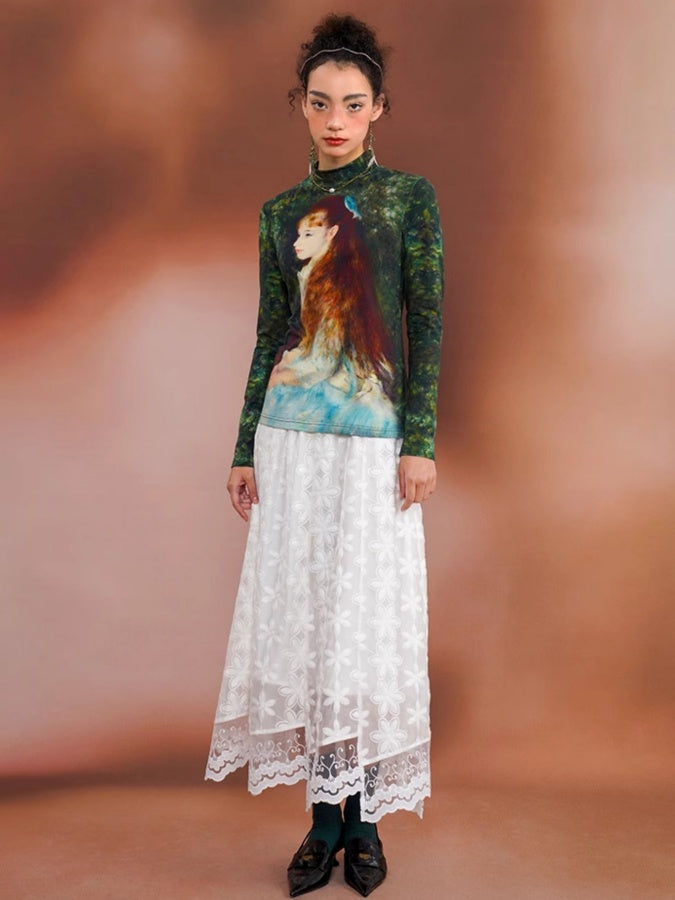 Retro Art Print Slim Bottoming Shirt X2674