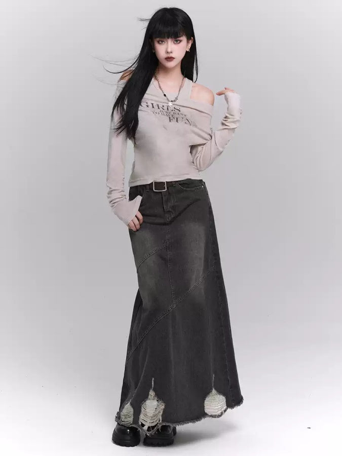 Washed Damaged Denim Skirt X2827