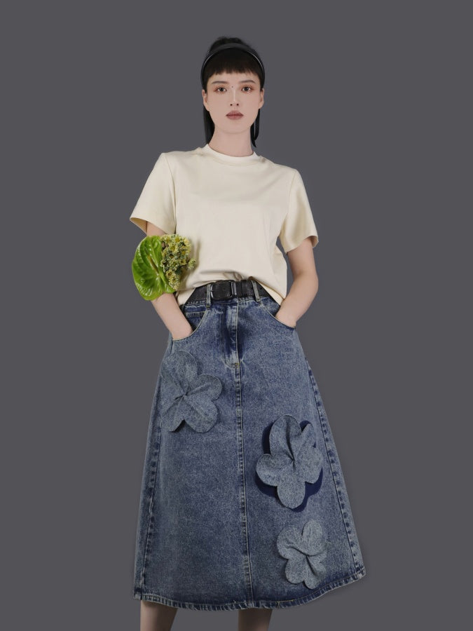 3D Flower Decorated Denim Skirt X2758