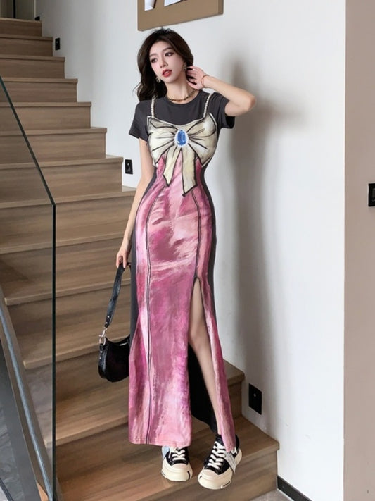 Printed dress long dress X2786