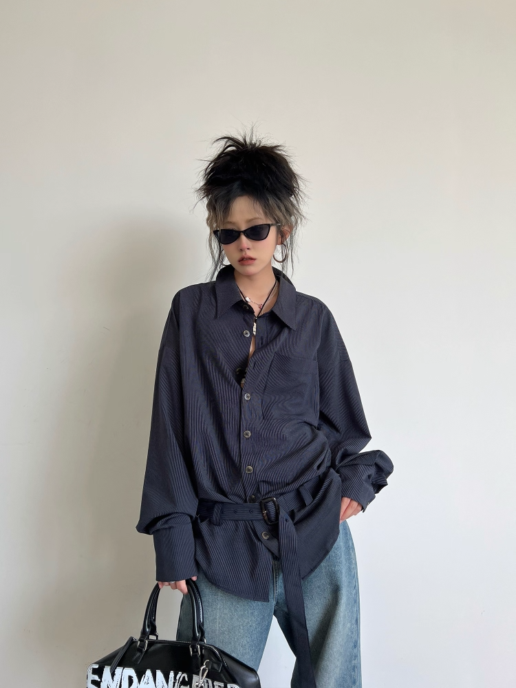 Navy Striped Belted Loose-Fit Shirt Jacket X3338