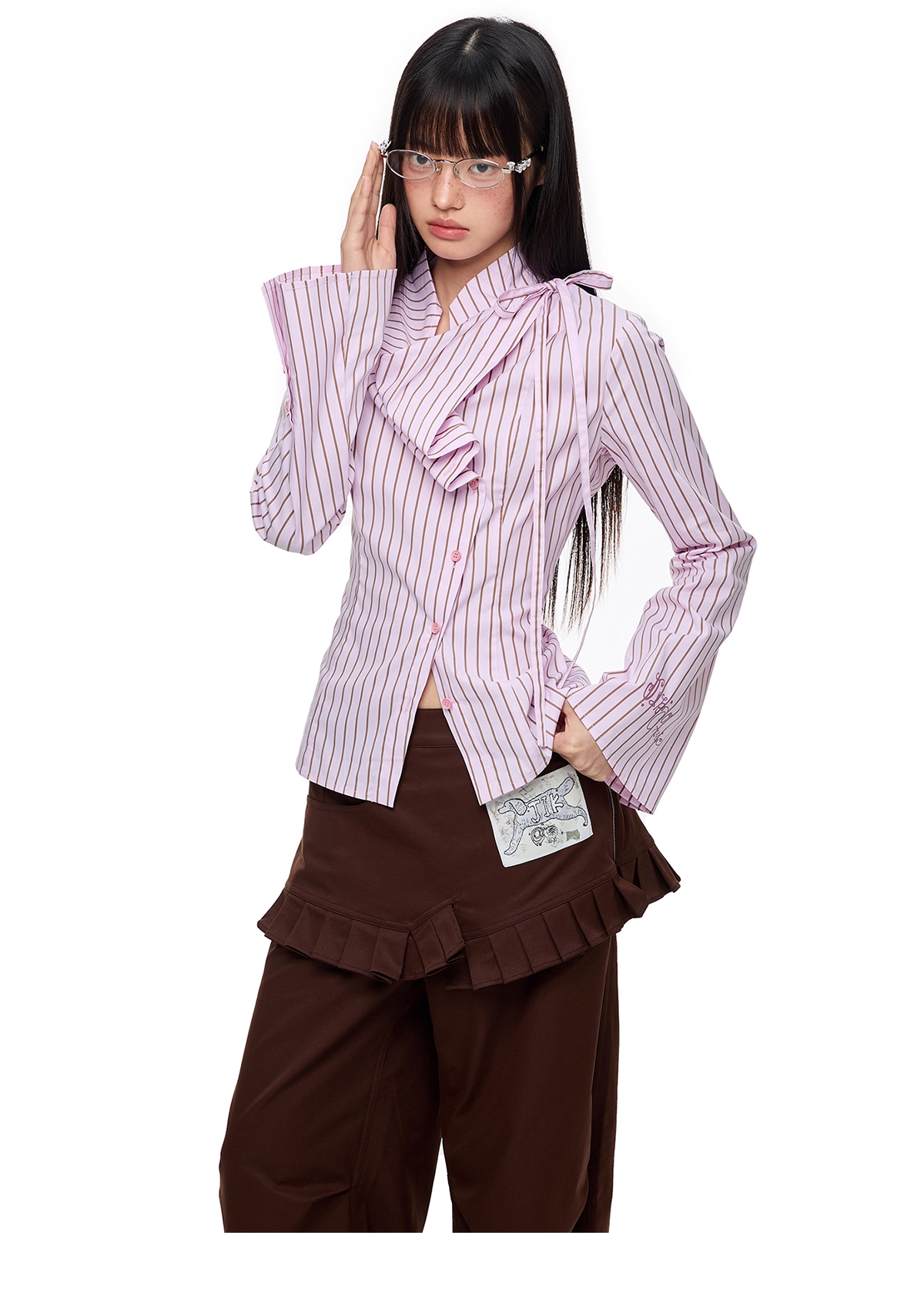 Blue Striped Long Sleeve Overlap Collar Shirt X3333
