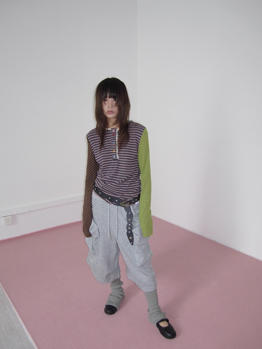 Stripe & Polka Dot Lace Patchwork Long T-Shirt X3422