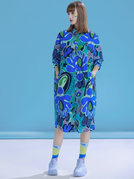 Colorful Flower Pattern Shirt Dress X2784