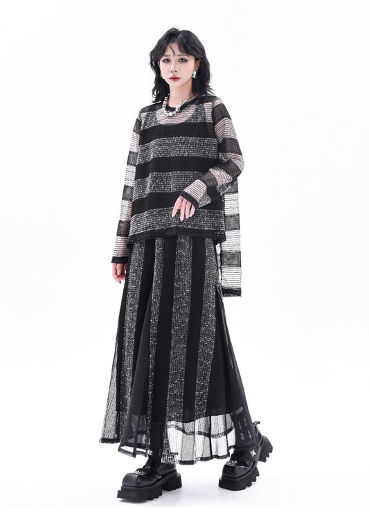 Asymmetrical Long Sleeve Top & Elastic Waist Skirt X3361