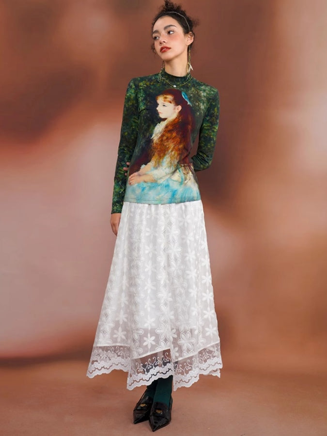 Retro Art Print Slim Bottoming Shirt X2674