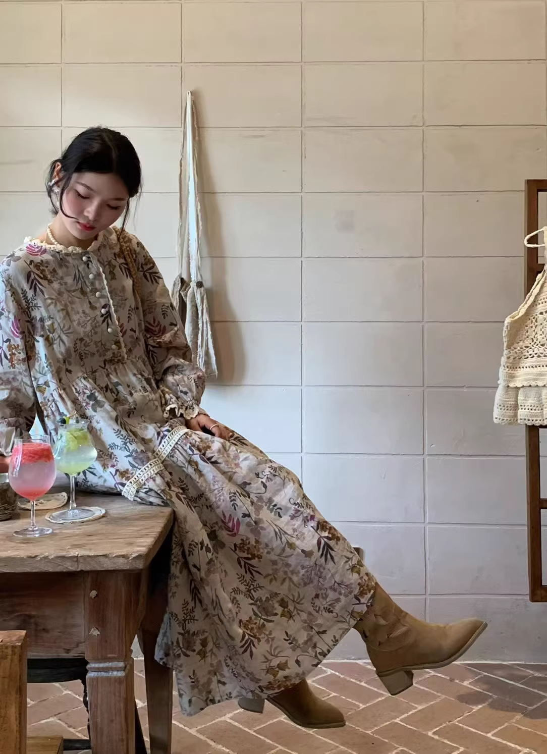 Vintage Mori Girl Style Floral Print Long Sleeve Top / Dress X3365