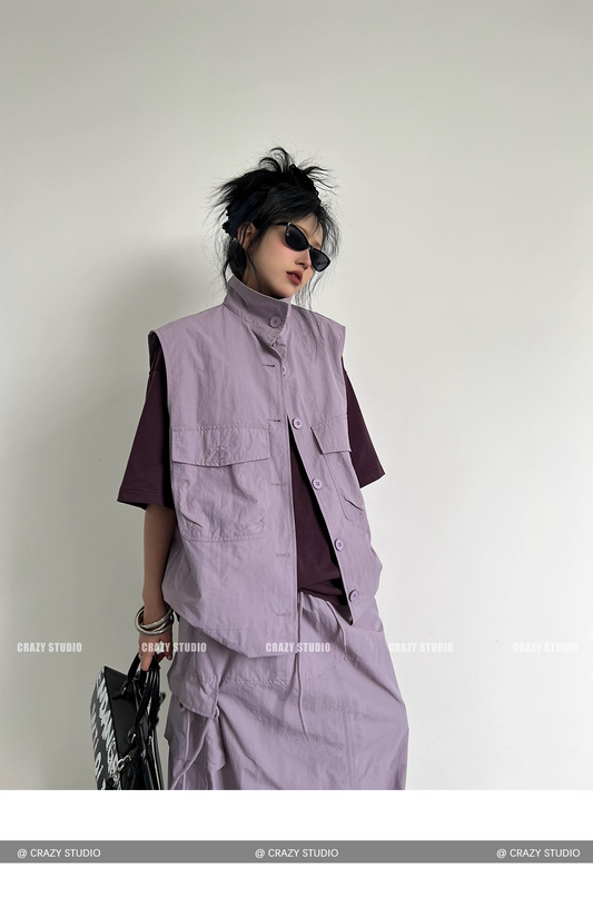 Vintage Purple Utility Vest & Drawstring Skirt Set X3339