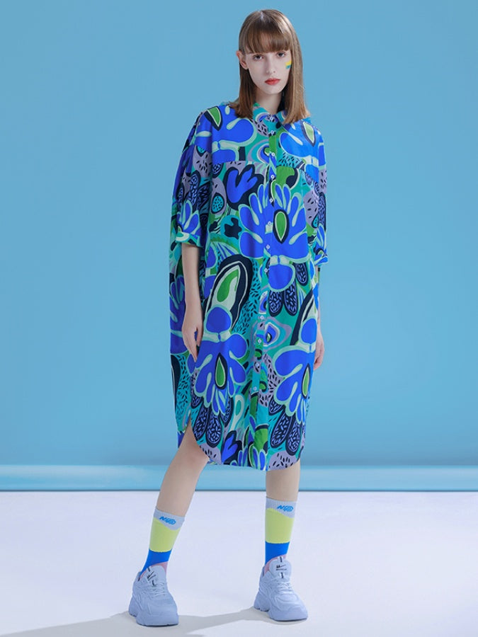 Colorful Flower Pattern Shirt Dress X2784