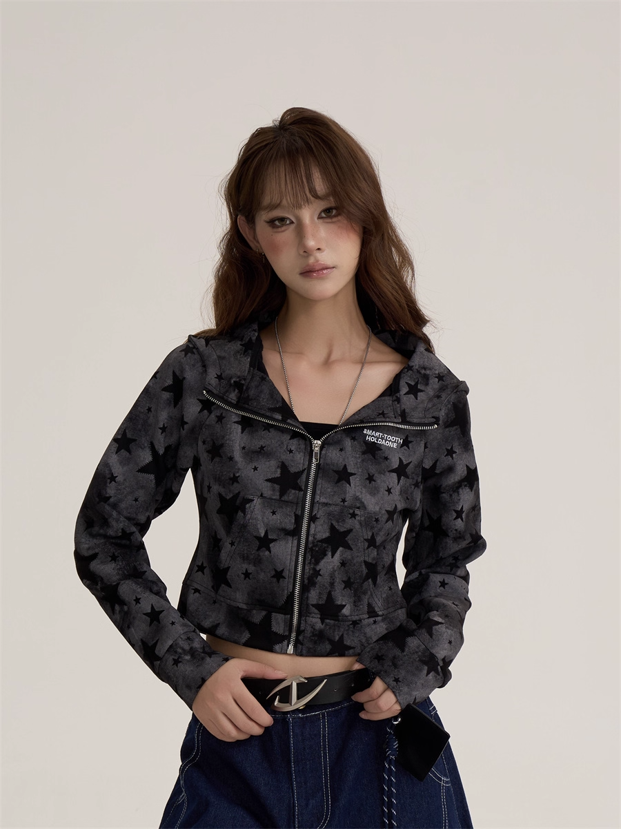 Vintage Retro Star Camo Zip-Up Hoodie Short Jacket X3389