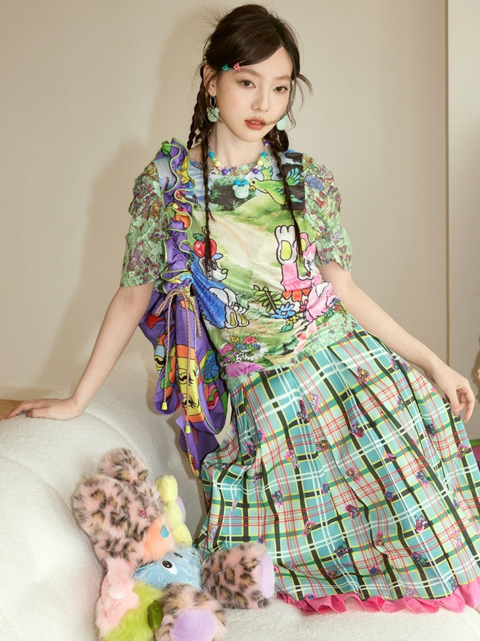 Fancy Check Pleated Skirt X2709