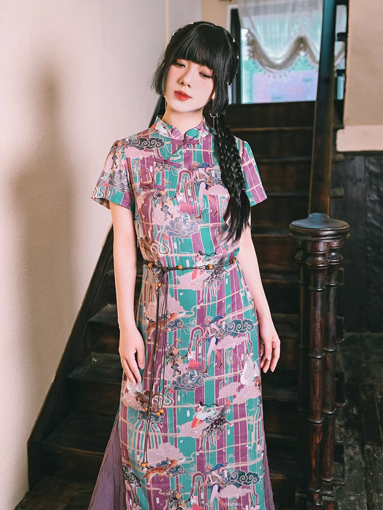 Modern Chinese Style Floral Mermaid Dress X3272