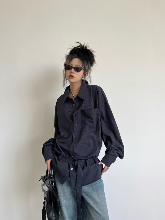 Navy Striped Belted Loose-Fit Shirt Jacket X3338