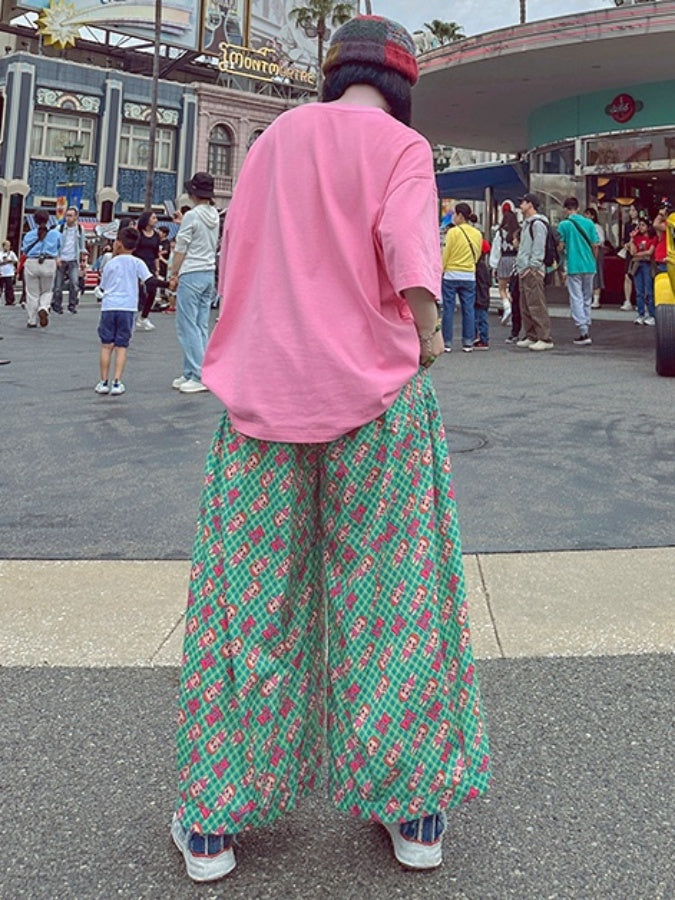 Retro cute print loose pants X2743