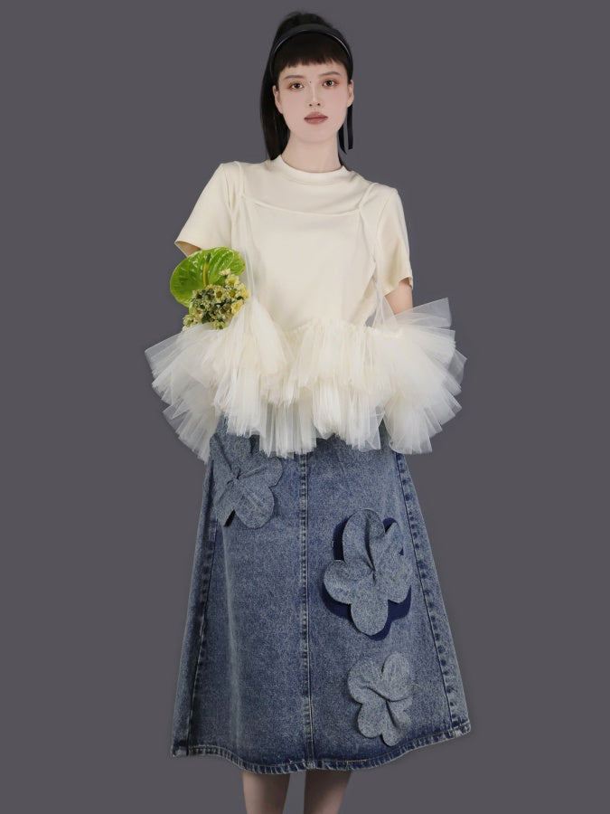 3D Flower Decorated Denim Skirt X2758