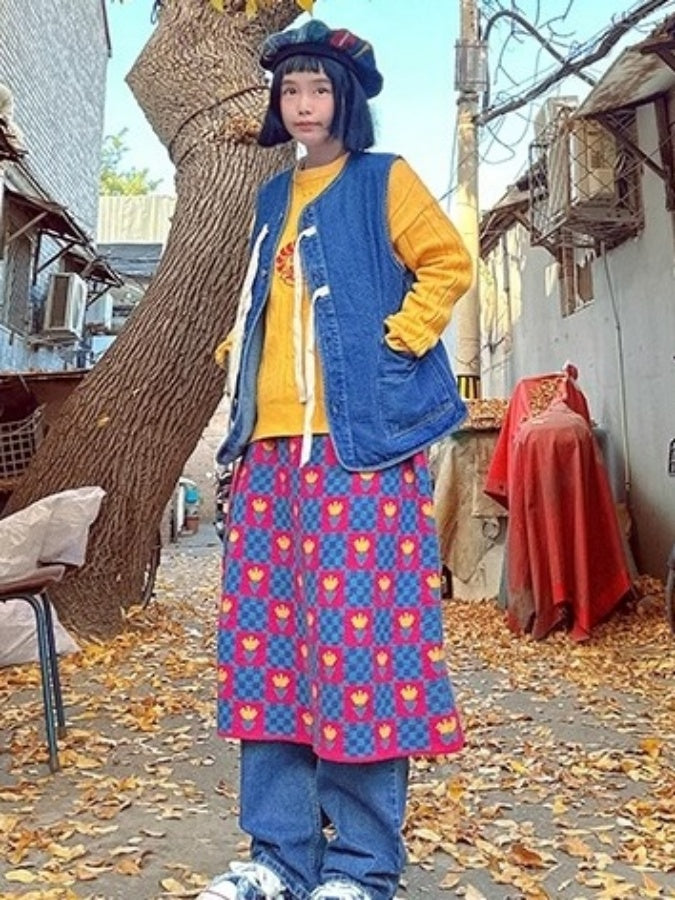 Checked flower knit skirt X2595