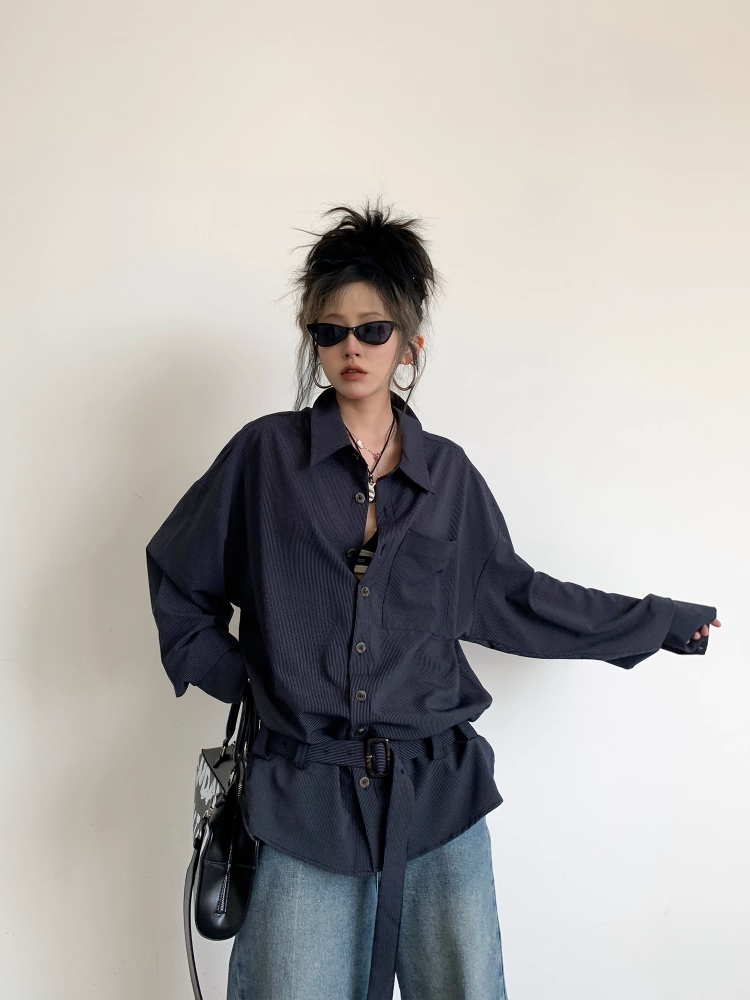 Navy Striped Belted Loose-Fit Shirt Jacket X3338