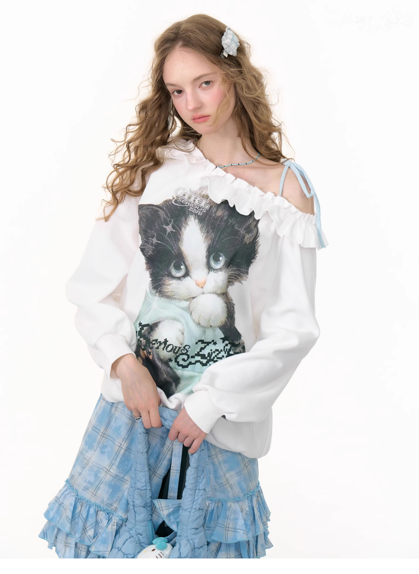 Cat Print One-shoulder Sweatshirt X3386