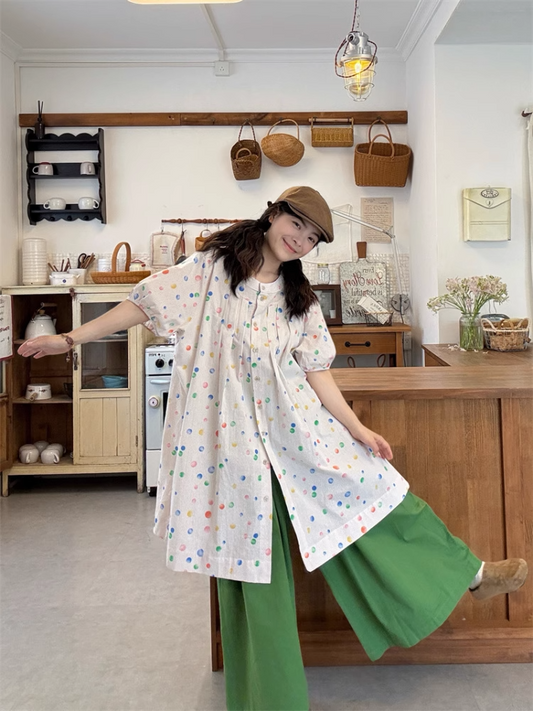 Polka Dot Top/Green Wide-Leg Pants X3285