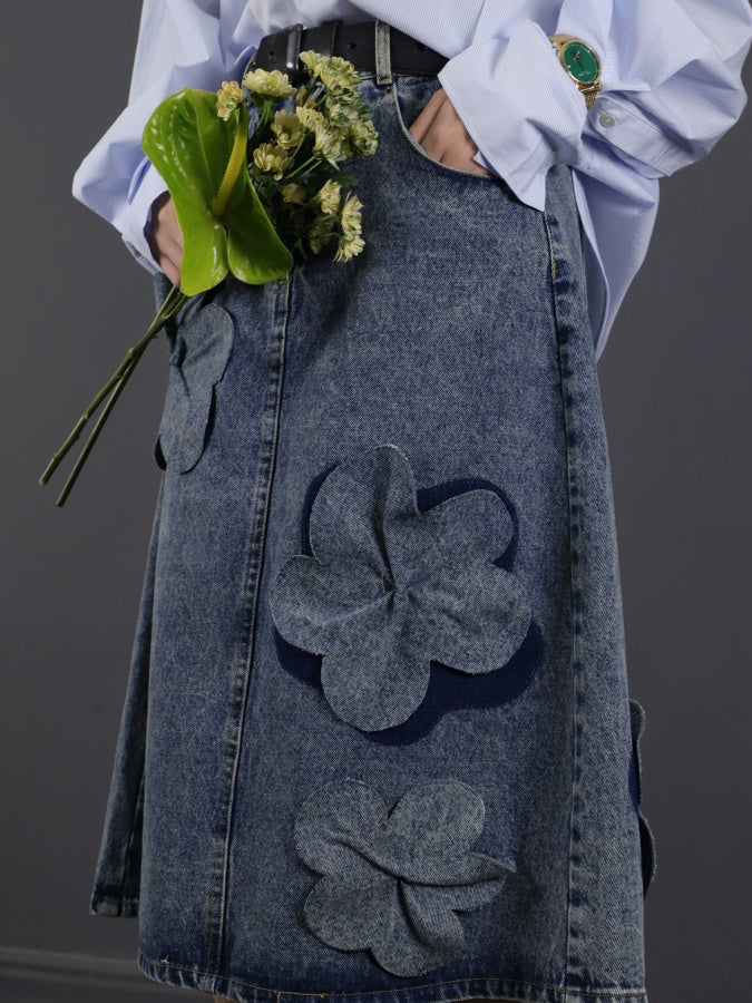 3D Flower Decorated Denim Skirt X2758