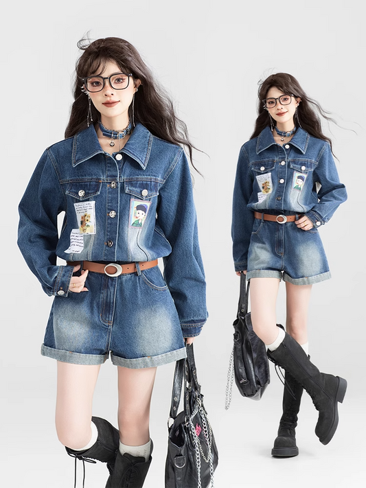 Vintage High-Waist Denim Short Jumpsuit X3269