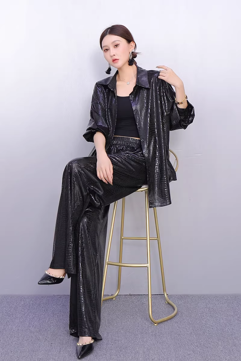 亮面紋理襯衫和寬褲套裝 X3518