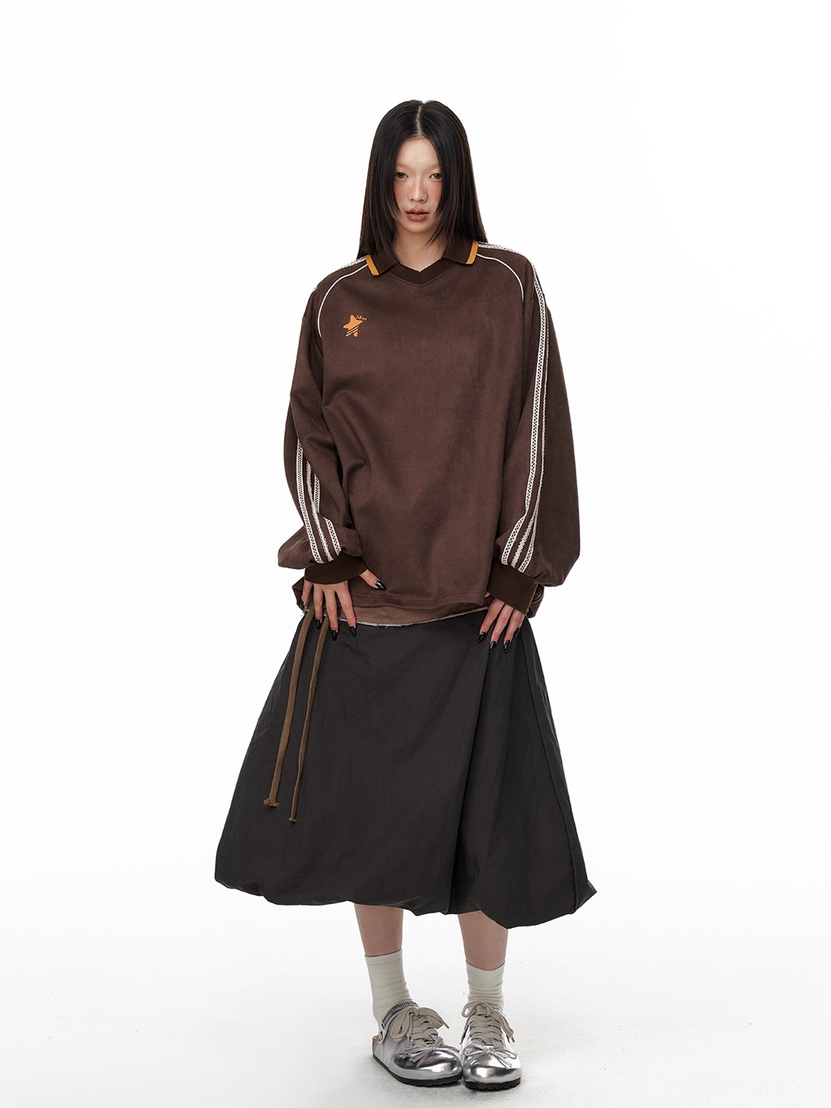 Cocoa Brown Suede Lace Patchwork V-Neck Pullover Sweatshirt X3330