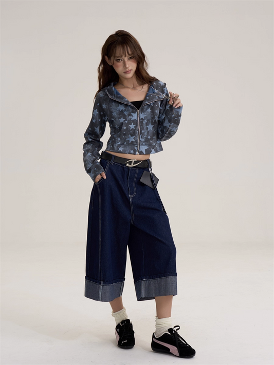 Vintage Retro Star Camo Zip-Up Hoodie Short Jacket X3389