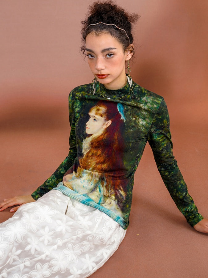 Retro Art Print Slim Bottoming Shirt X2674