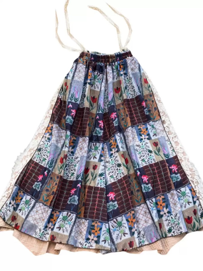 Retro Check Flower Pattern A-line Skirt X2931