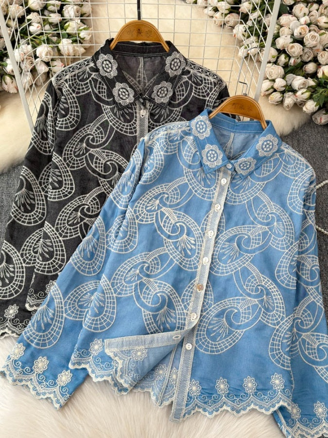復古花朵刺繡獨特襯衫 X2930