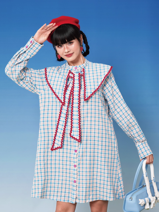 Blue Plaid Doll Collar Short Shirt Dress X3396