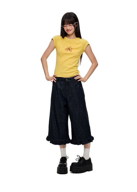 Washed Denim Wide-Leg Cropped Pants X3335