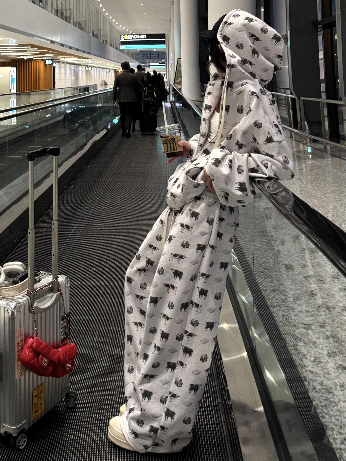 Cow Print Hoodie and Wide Leg Pants Set X3665