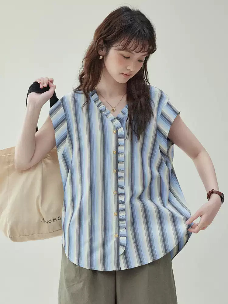 蕾絲 V 領條紋襯衫 X3225