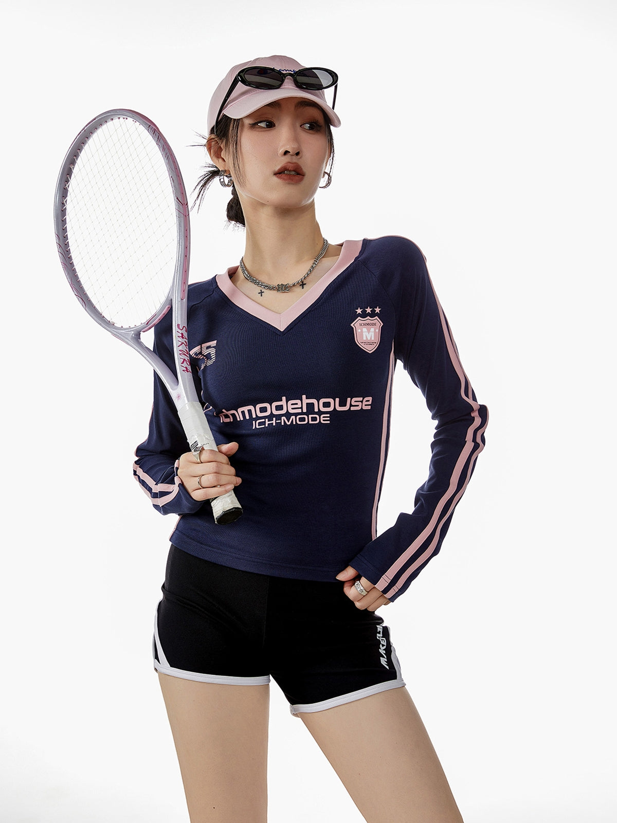 V 領長袖短針織 T 卹 X3210