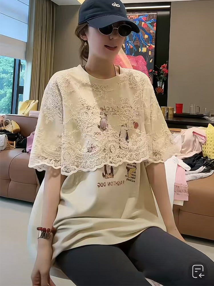 Layered-Style Lace Patchwork T-Shirt X3287