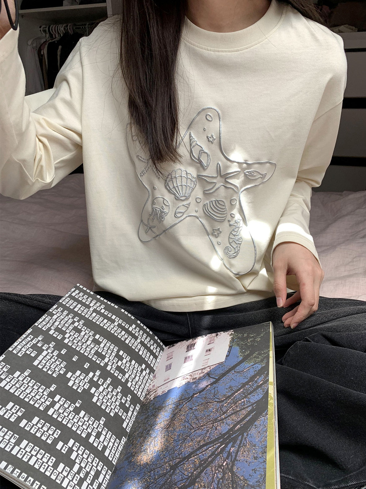 寬鬆海洋印花長袖T卹 X3138