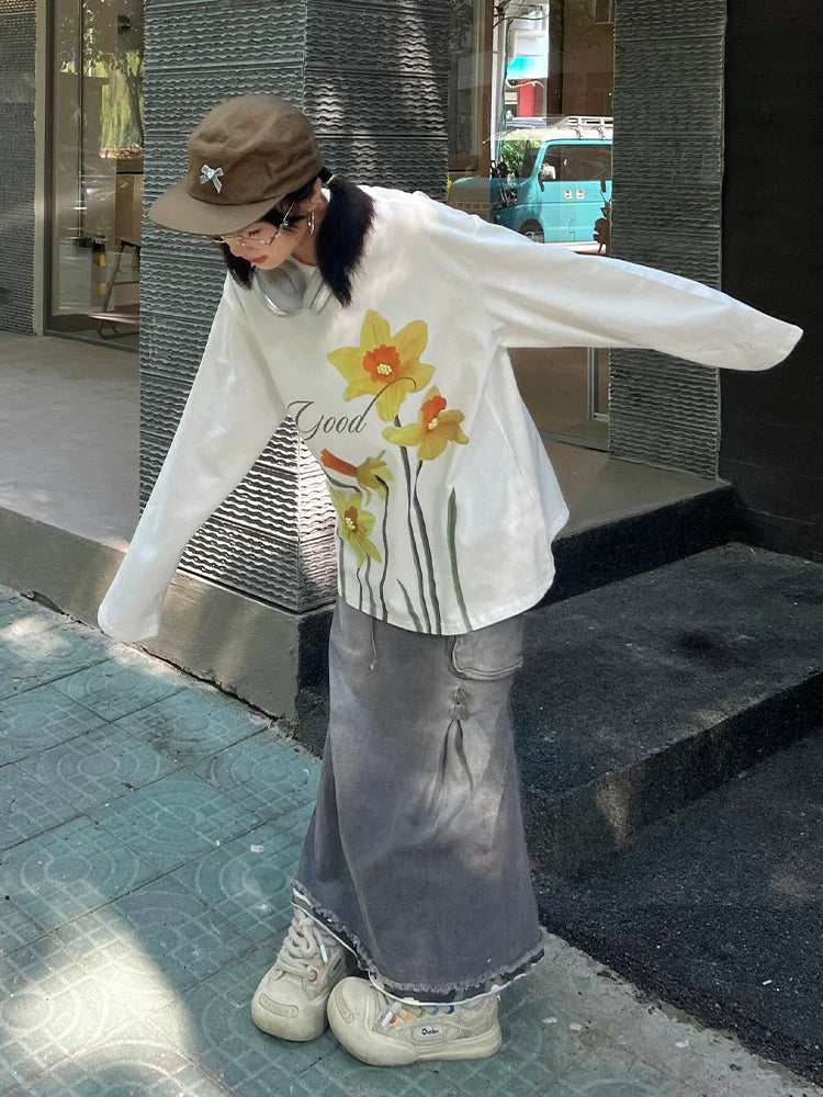 花朵印花長袖T卹 X3099