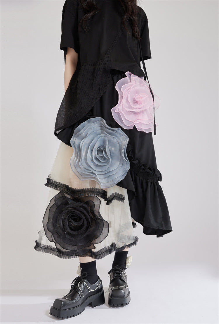 French Vintage Mesh Panel Rose Flare Skirt X3234