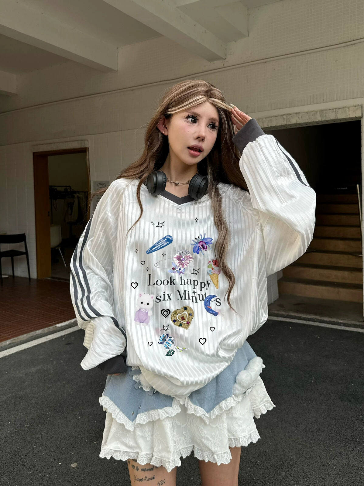 可愛印花加大尺寸長袖針織上衣 X3075