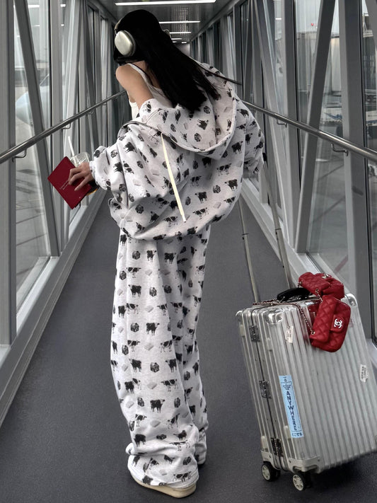 Cow Print Hoodie and Wide Leg Pants Set X3665