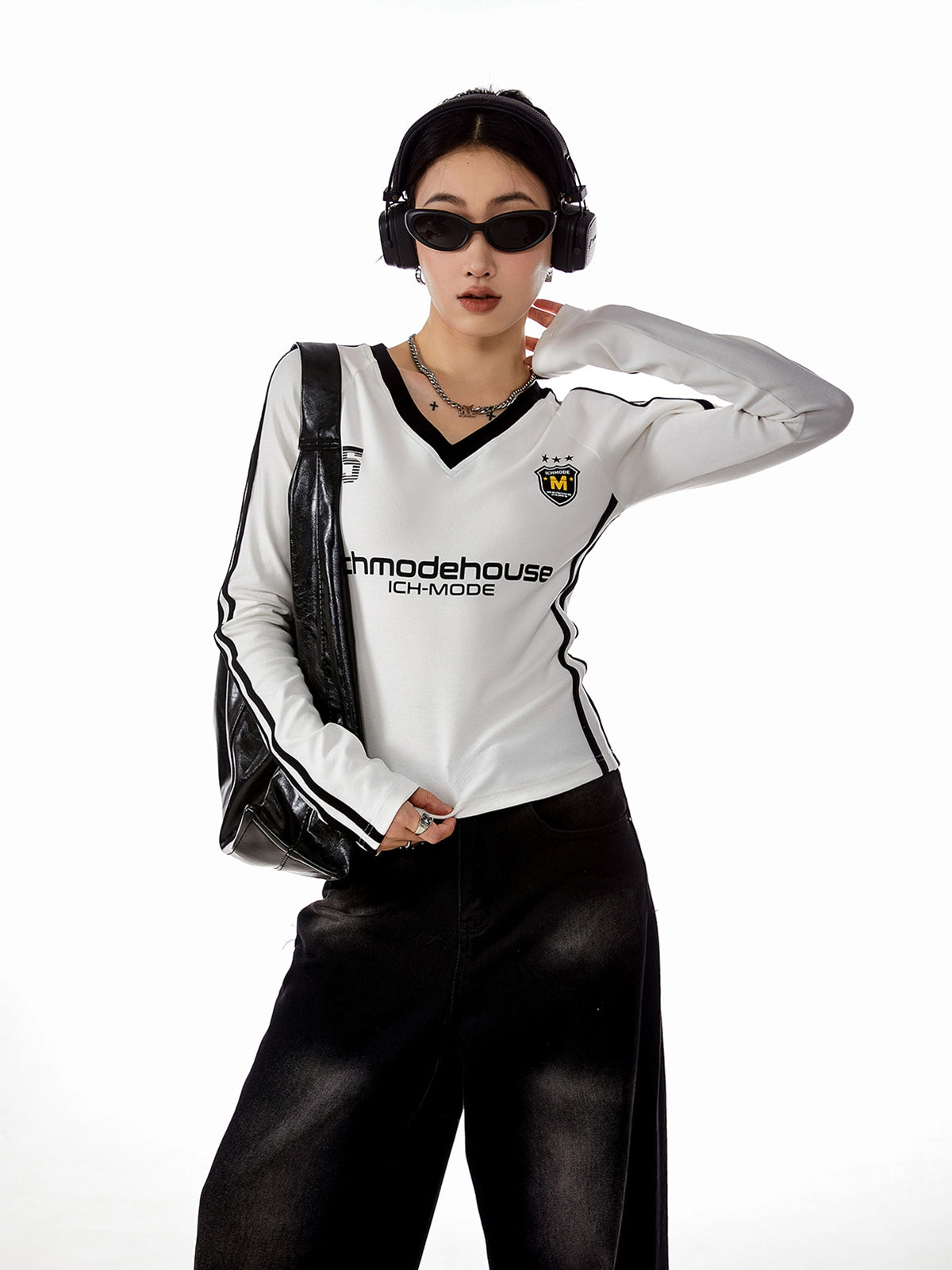 V 領長袖短針織 T 卹 X3210