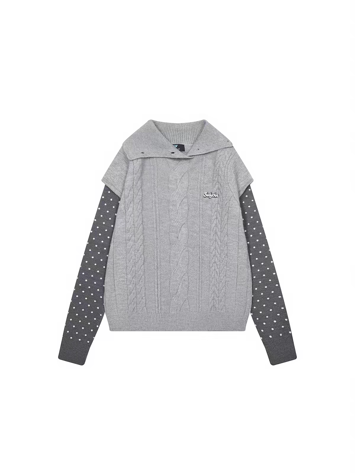 Polka Dot Sleeve Layered Cable Knit Sweater X3726
