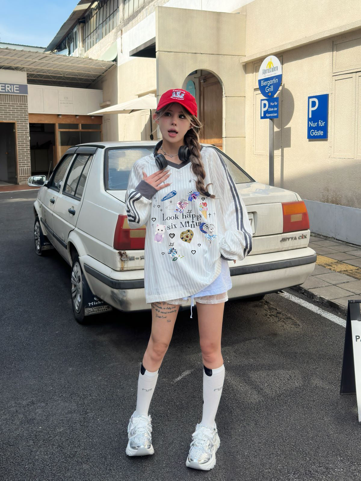 可愛印花加大尺寸長袖針織上衣 X3075