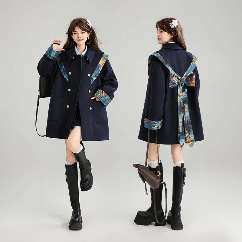 Jacquard Scarf Collar Wool Coat X3674