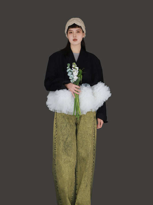 Mesh Puff hem T-Shirt X3238