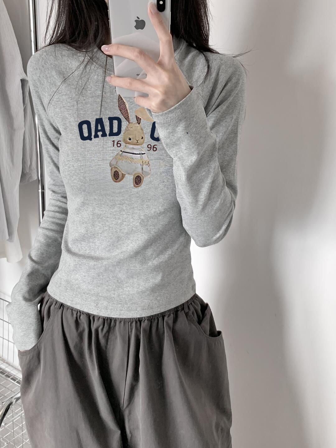 灰色修身上衣長袖T卹 X3109