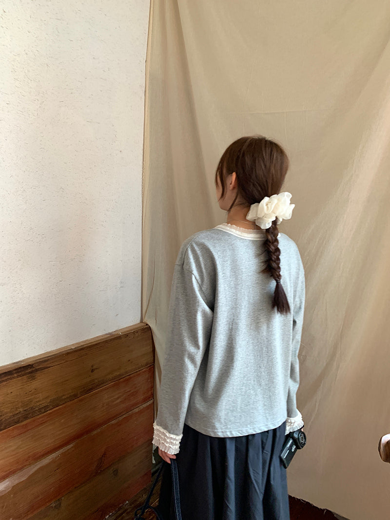 甜美蕾絲拼布長袖T卹 X3198